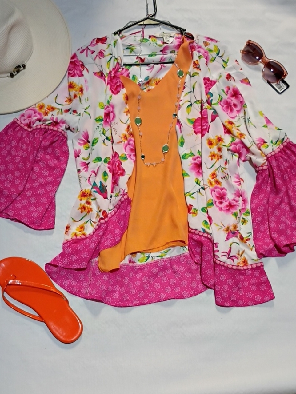 Women’s Floral Print Layered Camisole & Kimono Set - Orange & Pink